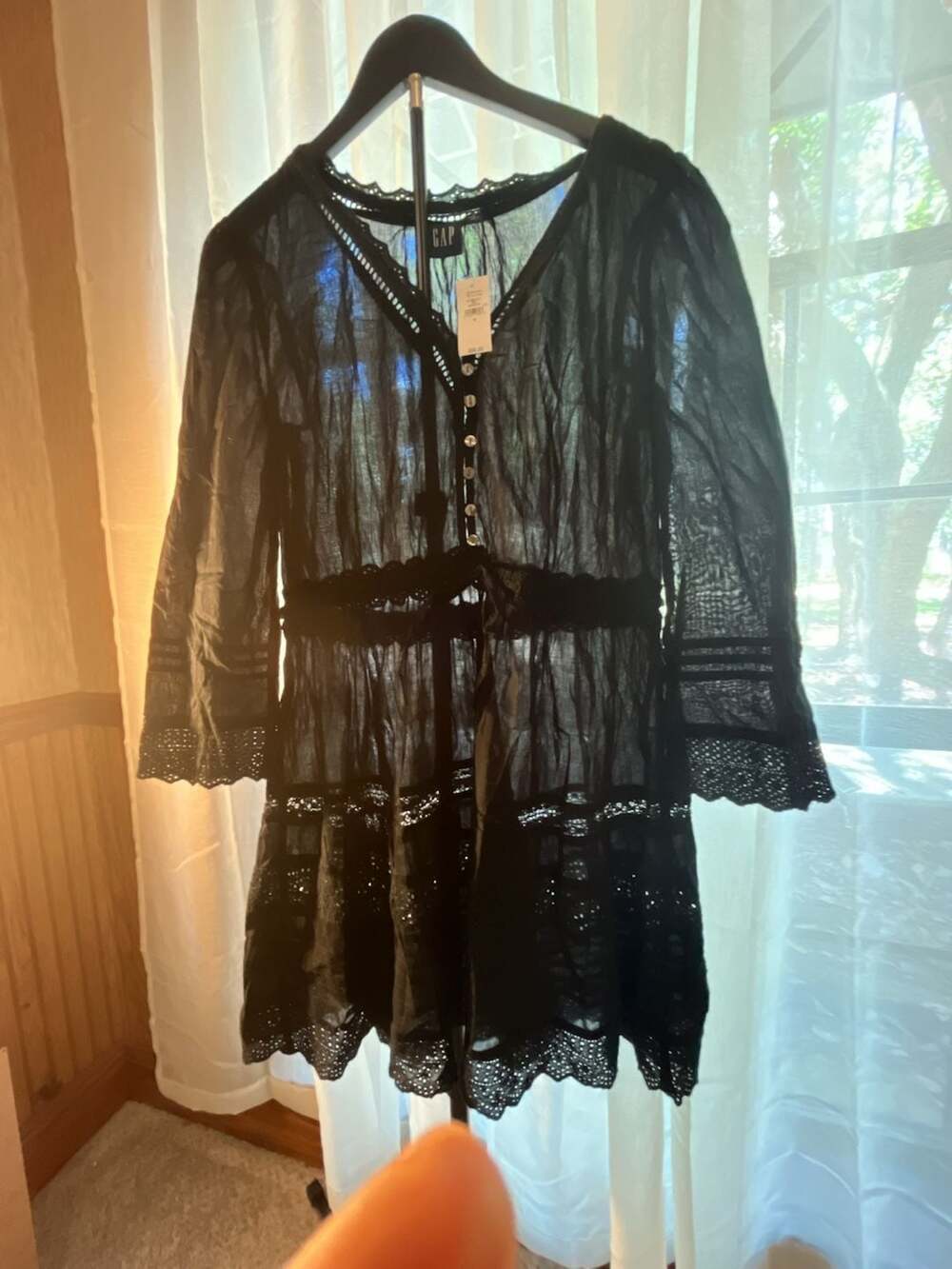 100% Cotton Gap Black V-Neck Button-Front Lace Trim Beach Cover-Up Dress